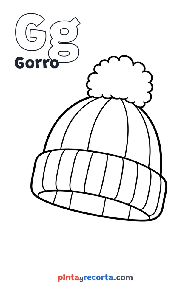 Dibujo de gorro para colorear con la letra Gg y la palabra Gorro, nivel básico