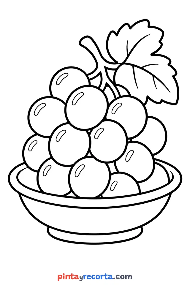 Grapes coloring page: served on a plate, easy level with thick outlines and big spaces