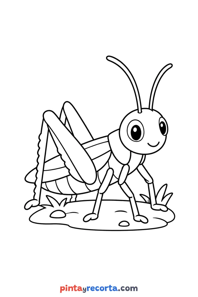 Grasshopper coloring page: on the grass, easy level with thick outlines and big spaces