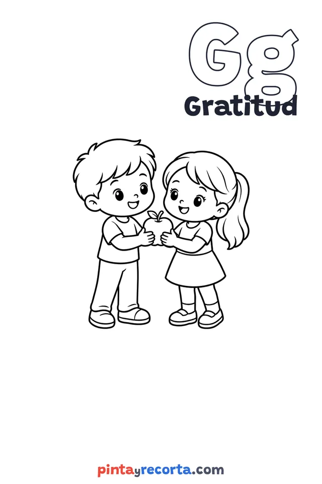 Dibujo de gratitud para colorear con la letra Gg y la palabra Gratitud, nivel básico