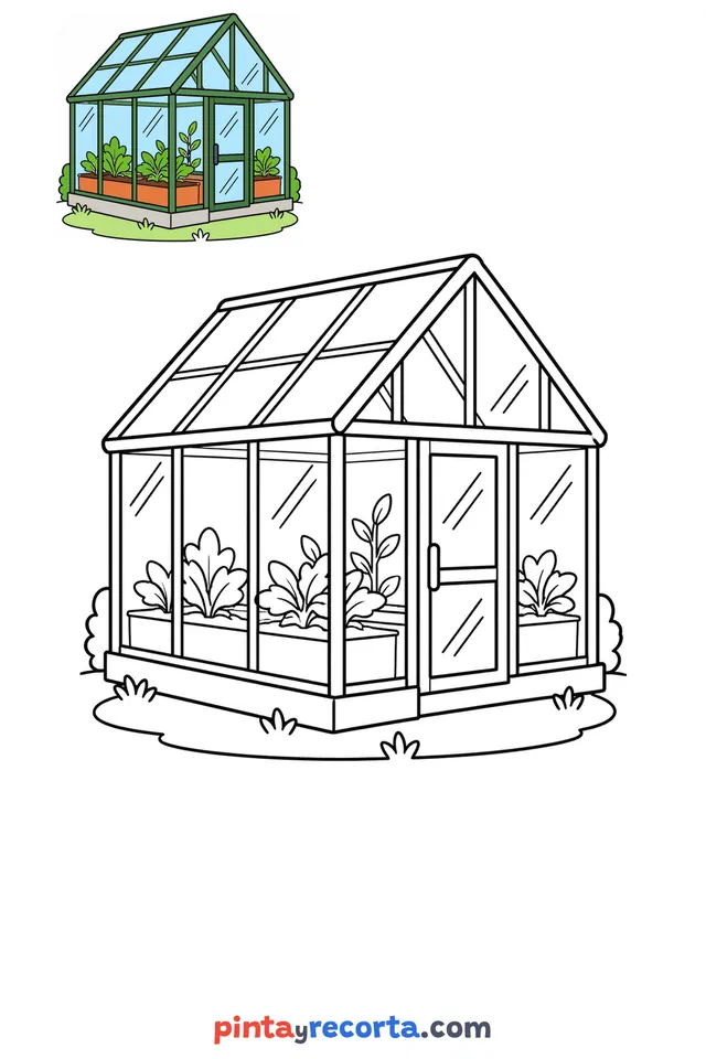 Greenhouse coloring page with a small color guide, easy level