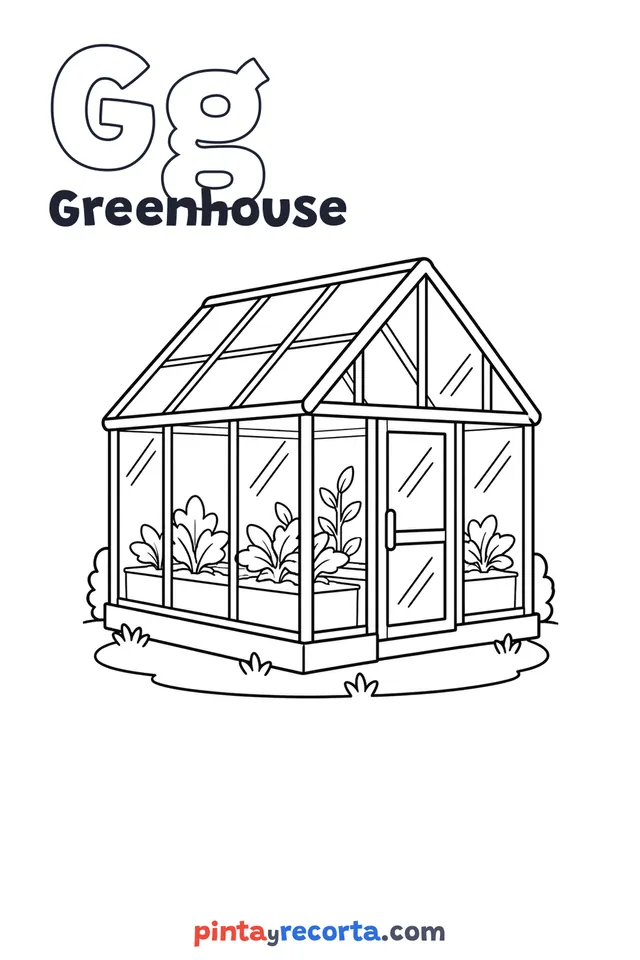Greenhouse coloring page with the letter Gg and the word Greenhouse, easy level