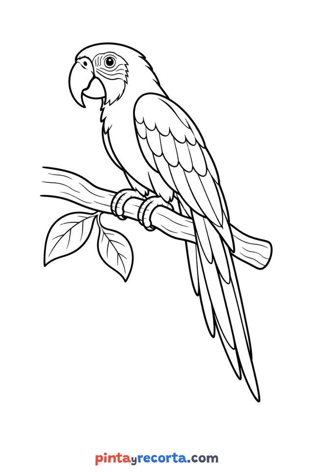 Dibujo de guacamaya para colorear posada en una rama, nivel básico con trazos gruesos y áreas grandes