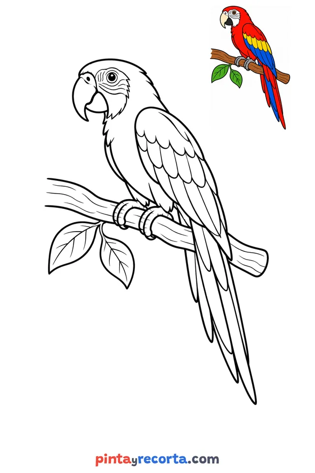 Dibujo de guacamaya para colorear con una guía de color en miniatura, nivel básico