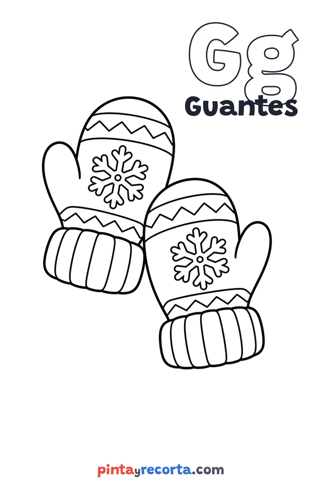Dibujo de guantes para colorear con la letra Gg y la palabra Guantes, nivel básico