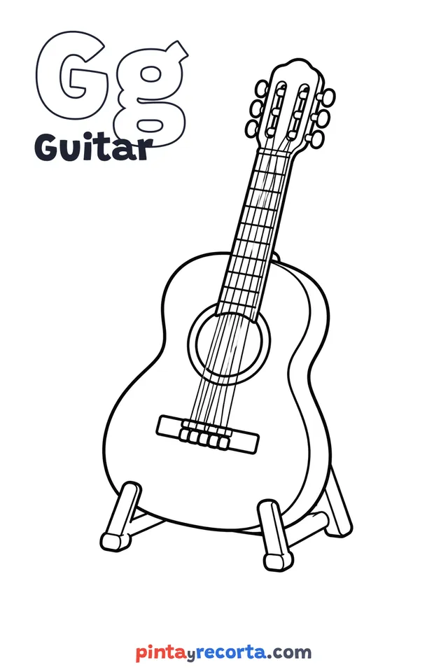 Guitar coloring page with the letter Gg and the word Guitar, easy level