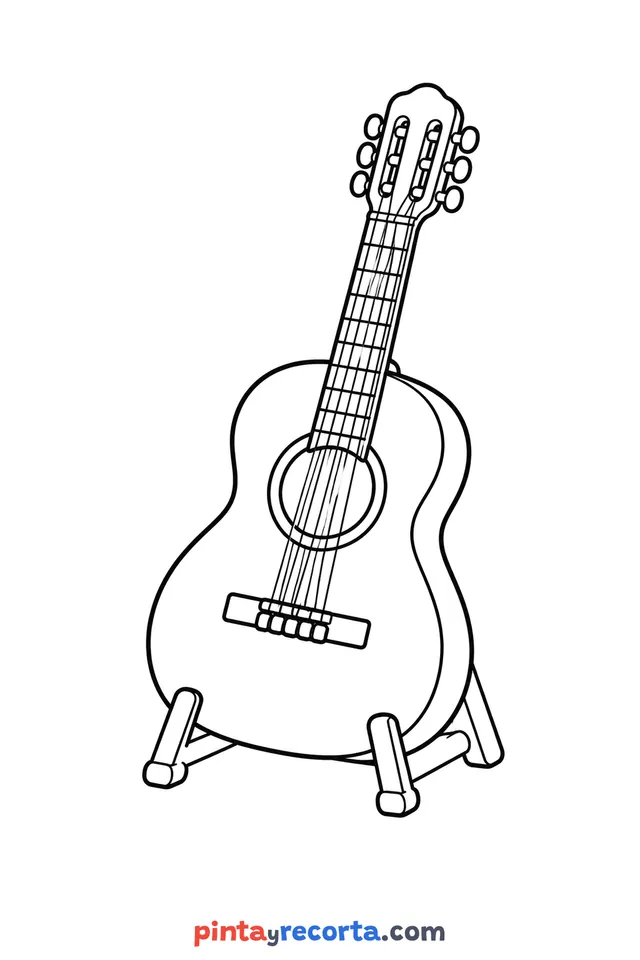 Dibujo de guitarra para colorear en vista de tres cuartos, nivel básico con trazos gruesos y áreas grandes