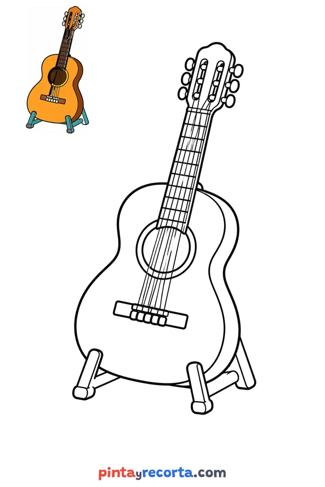 Dibujo de guitarra para colorear con una guía de color en miniatura, nivel básico