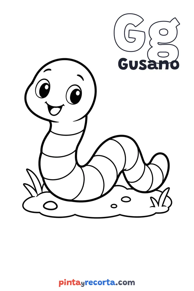 Dibujo de gusano para colorear con la letra Gg y la palabra Gusano, nivel básico