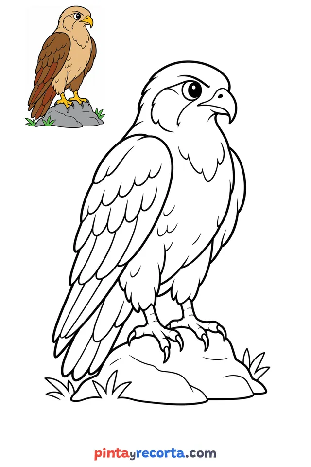Dibujo de halcón para colorear con una guía de color en miniatura, nivel básico