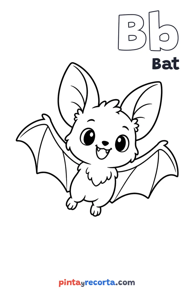 Bat coloring page with the letter Bb and the word Bat, easy level