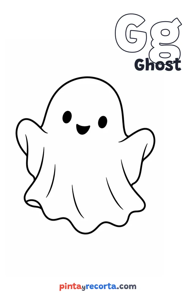 Ghost coloring page with the letter Gg and the word Ghost, easy level