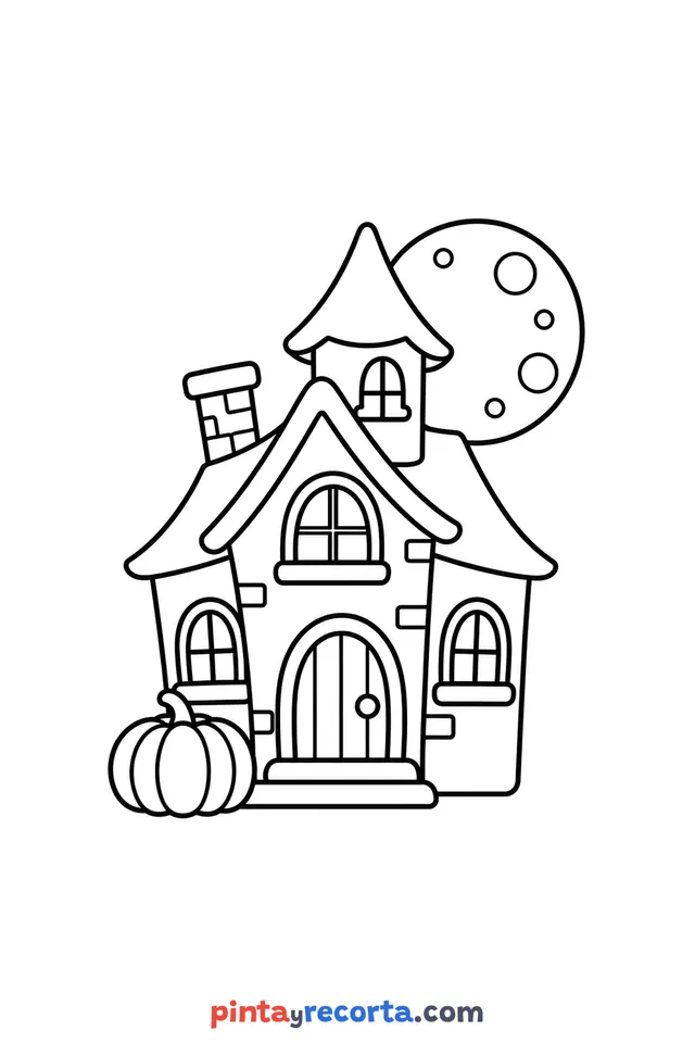 Halloween haunted house coloring page, easy level with thick outlines and big spaces