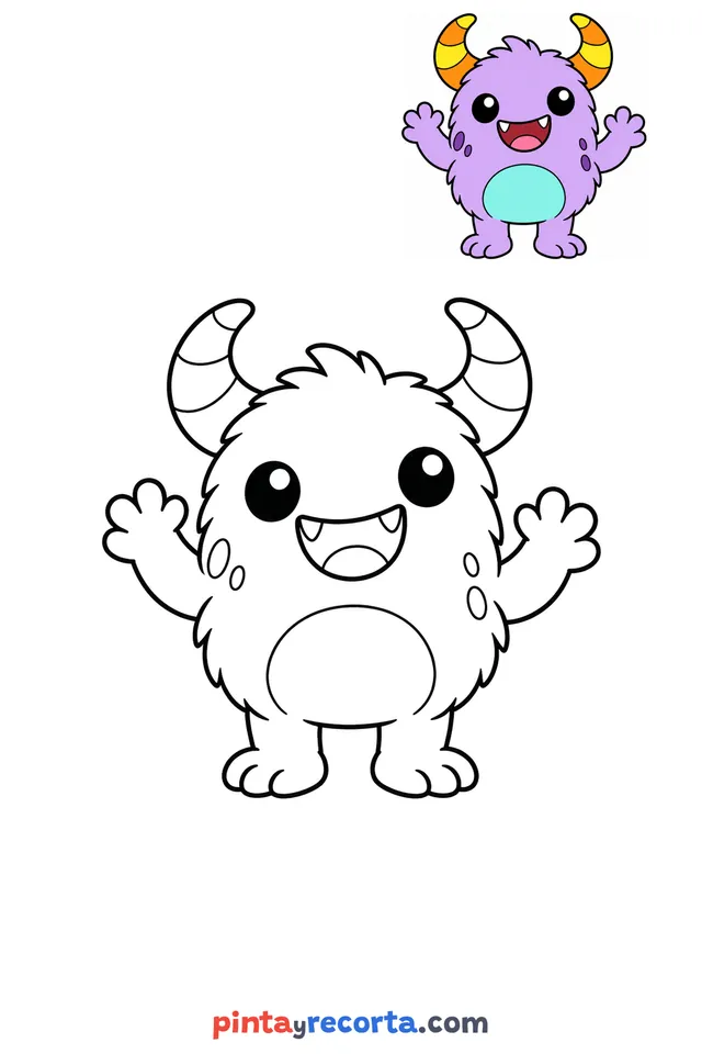 Monster coloring page with a small color guide, easy level