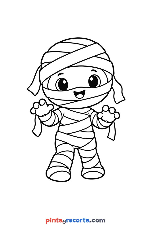 Halloween mummy coloring page, easy level with thick outlines and big spaces