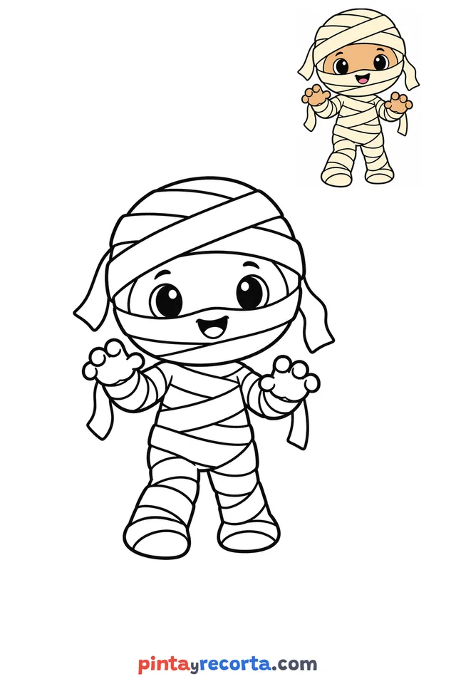 Mummy coloring page with a small color guide, easy level