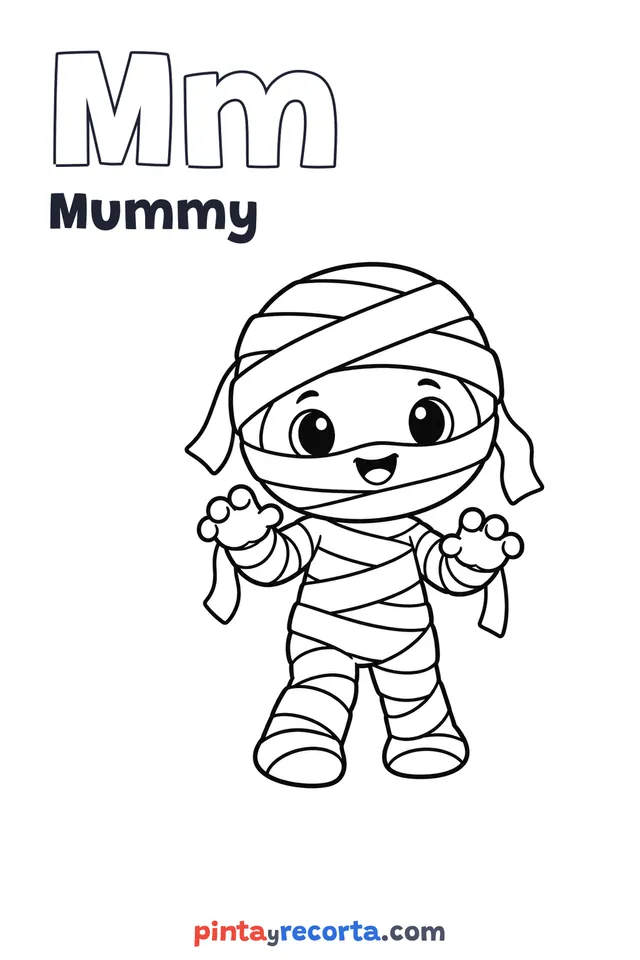 Mummy coloring page with the letter Mm and the word Mummy, easy level