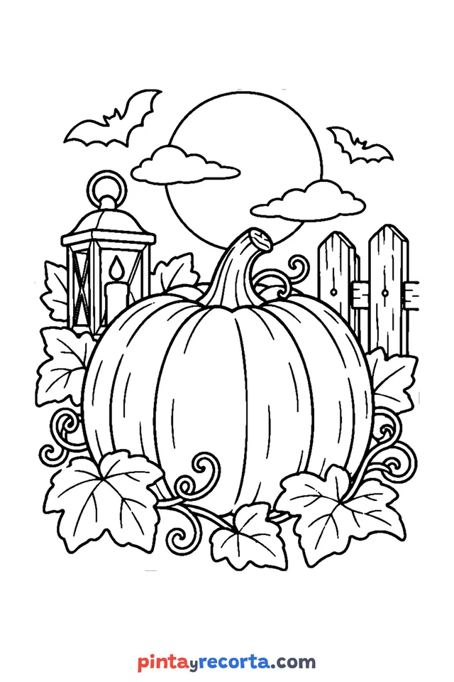 Halloween pumpkin coloring page, advanced level with a full scene and patterns