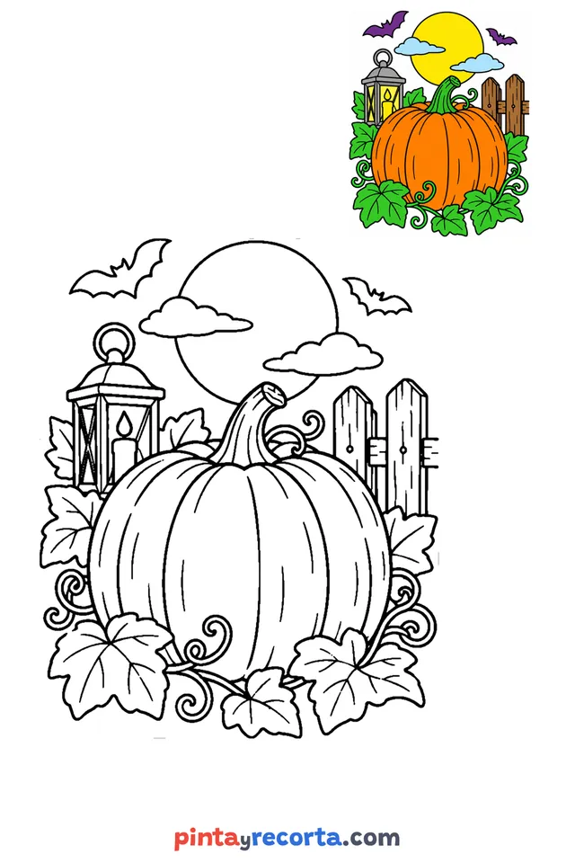 Pumpkin coloring page with a small color guide, advanced level