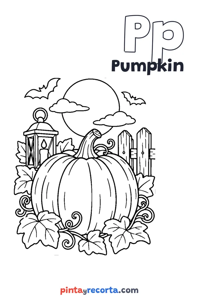 Pumpkin coloring page with the letter Pp and the word Pumpkin, advanced level