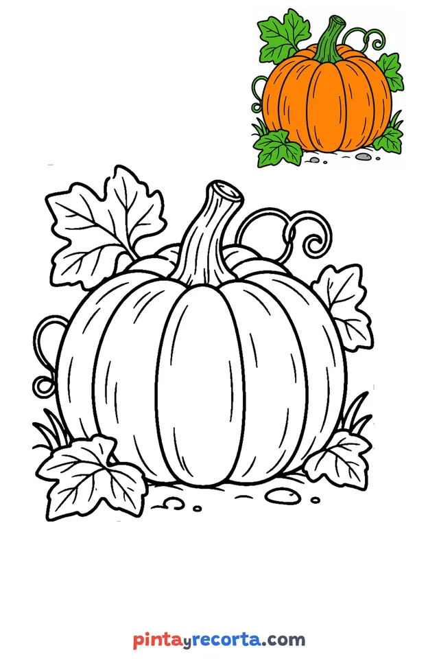 Pumpkin coloring page with a small color guide, medium level