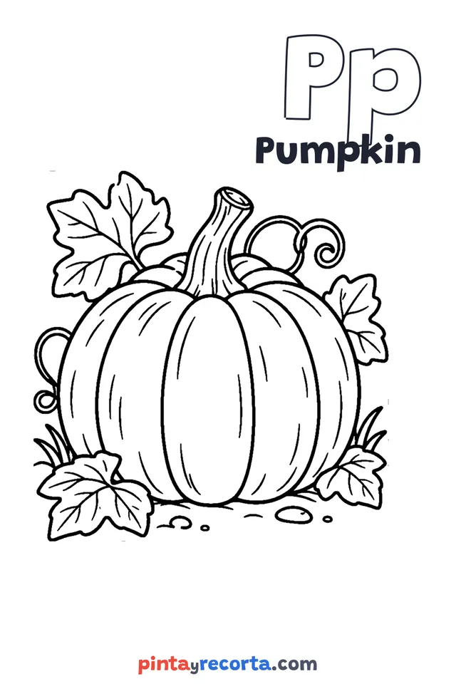 Pumpkin coloring page with the letter Pp and the word Pumpkin, medium level