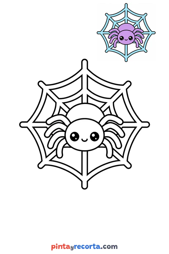 Spiderweb coloring page with a small color guide, easy level