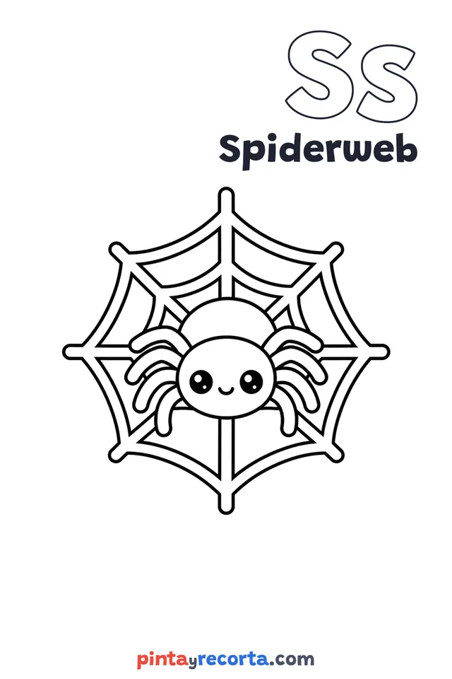 Spiderweb coloring page with the letter Ss and the word Spiderweb, easy level