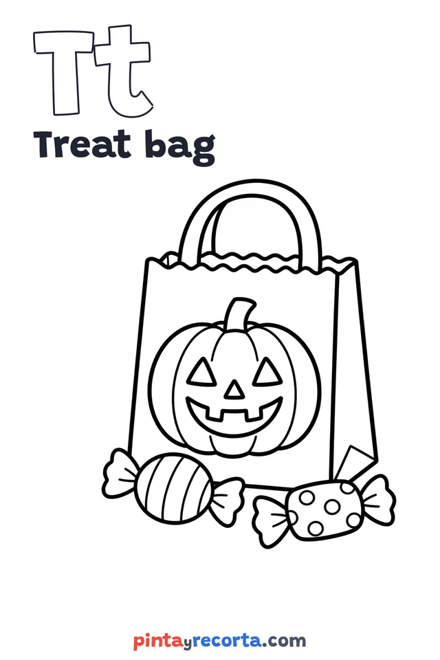 Treat bag coloring page with the letter Tt and the word Treat bag, easy level