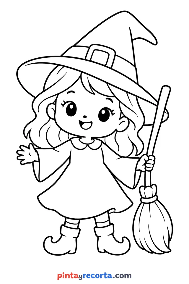 Halloween witch coloring page, easy level with thick outlines and big spaces