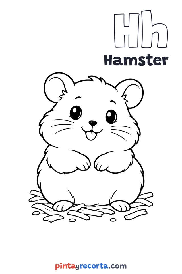 Hamster coloring page with the letter Hh and the word Hamster, easy level