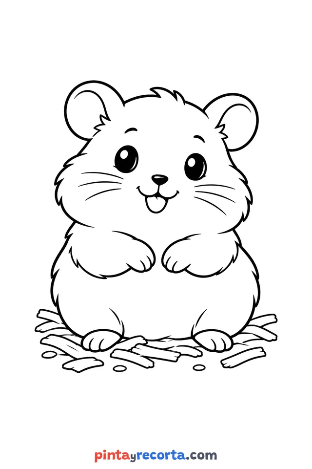 Dibujo de hámster para colorear de cuerpo completo en pose tranquila, nivel básico con trazos gruesos y áreas grandes