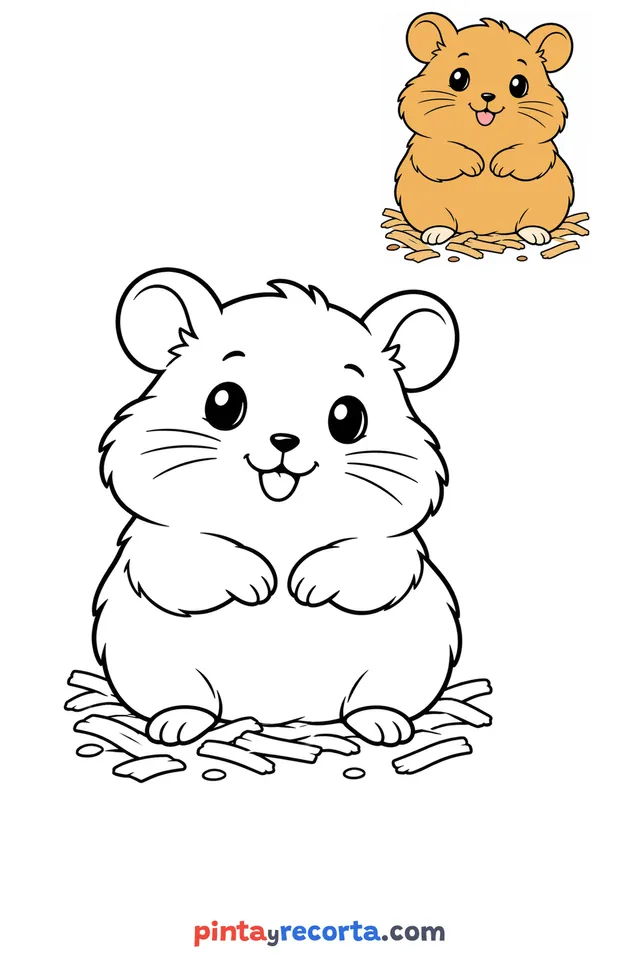 Dibujo de hámster para colorear con una guía de color en miniatura, nivel básico