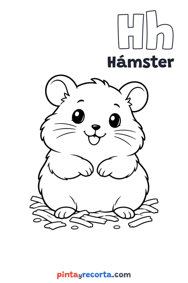 Dibujo de hámster para colorear con la letra Hh y la palabra Hámster, nivel básico
