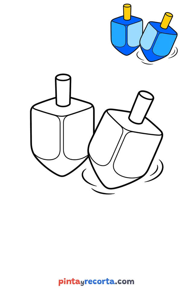 Dreidel coloring page with a small color guide, easy level