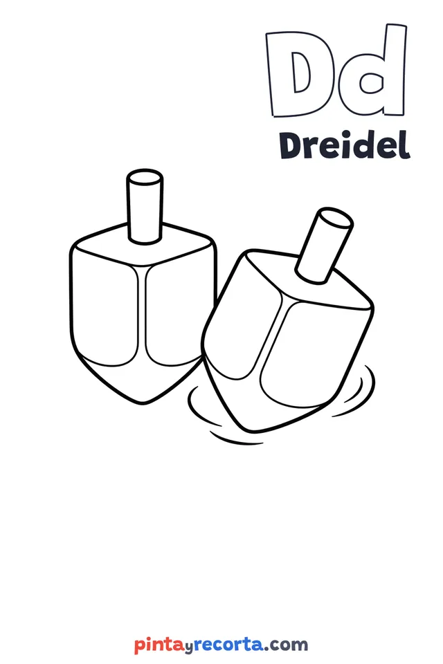Dreidel coloring page with the letter Dd and the word Dreidel, easy level