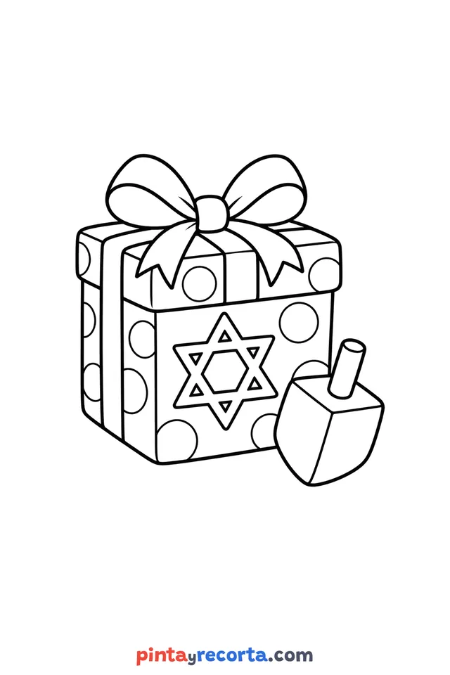 Hanukkah gift coloring page, easy level with thick outlines and big spaces