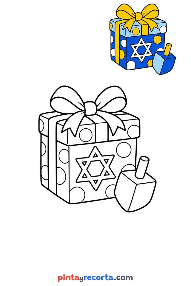 Gift coloring page with a small color guide, easy level