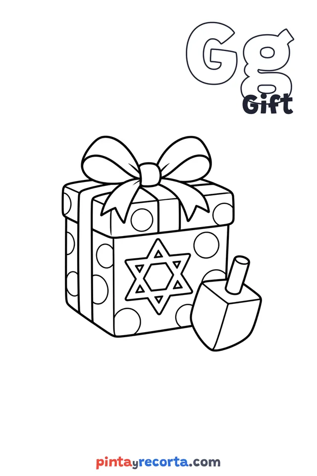 Gift coloring page with the letter Gg and the word Gift, easy level