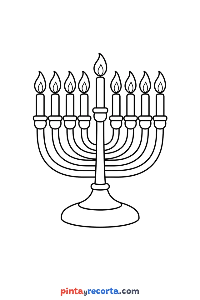 Hanukkah menorah coloring page, easy level with thick outlines and big spaces