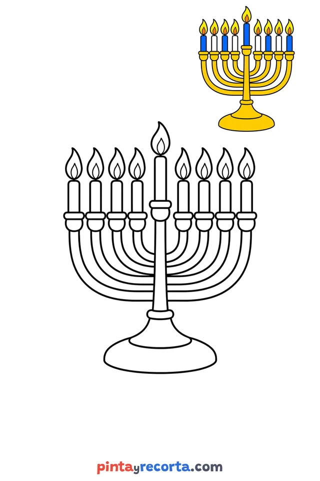 Menorah coloring page with a small color guide, easy level