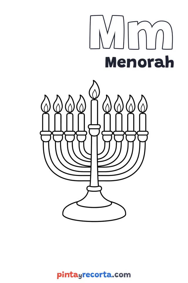 Menorah coloring page with the letter Mm and the word Menorah, easy level
