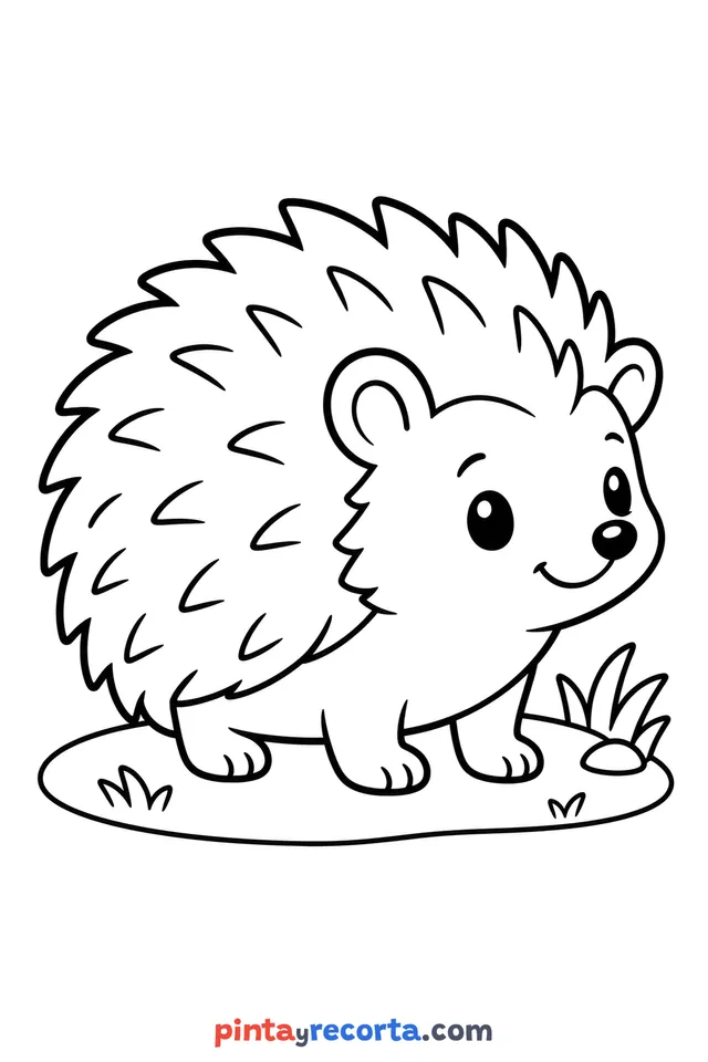 Hedgehog coloring page: full body in a calm pose, easy level with thick outlines and big spaces