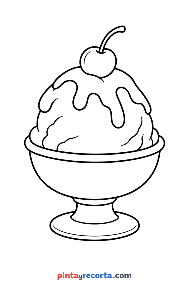 Dibujo de helado para colorear servido en una copa con una cereza, nivel básico con trazos gruesos y áreas grandes