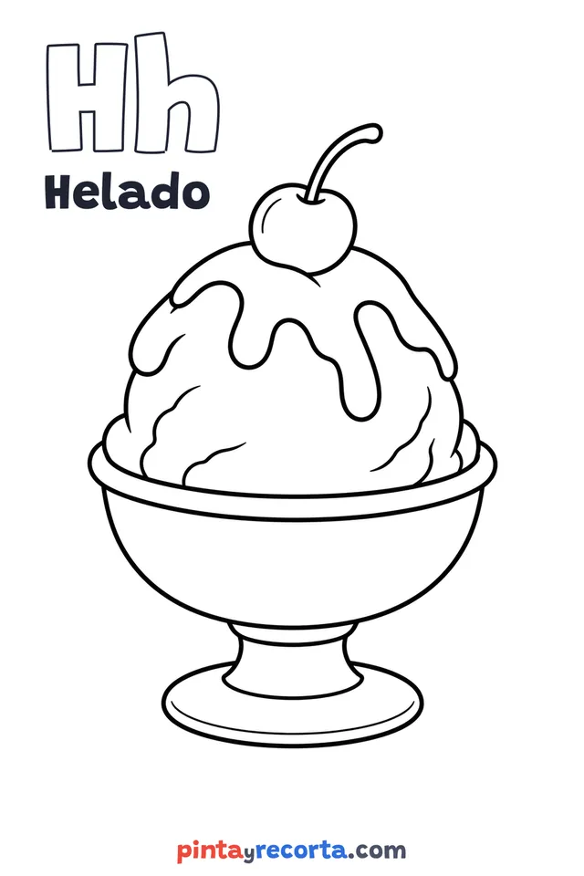 Dibujo de helado para colorear con la letra Hh y la palabra Helado, nivel básico