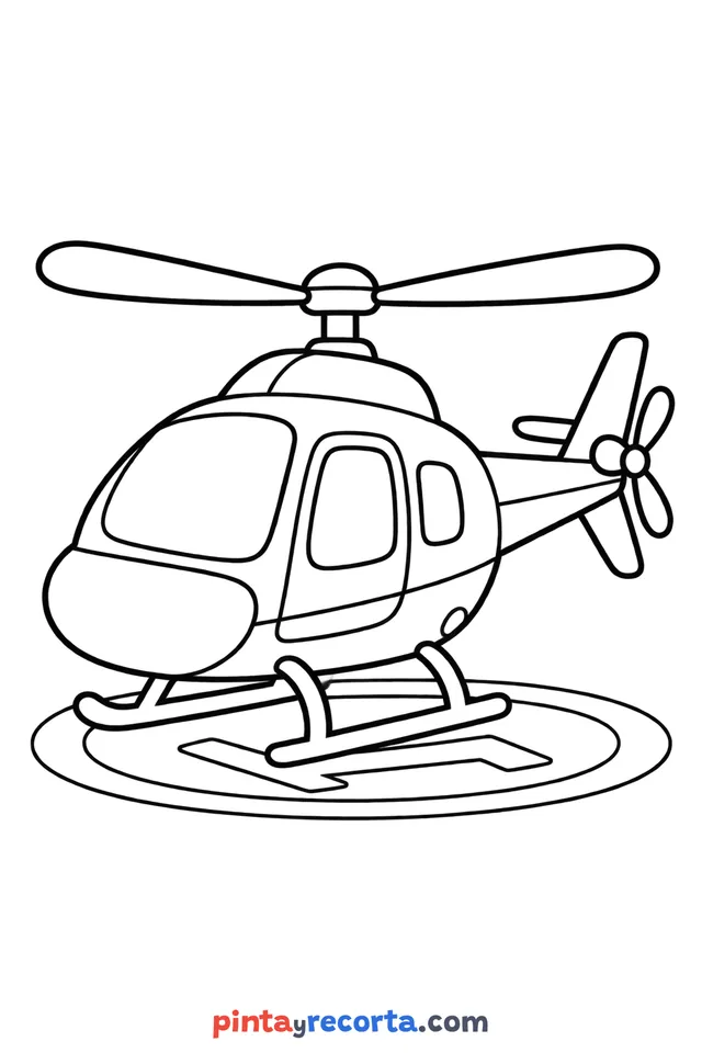 Helicopter coloring page: parked and ready to color, easy level with thick outlines and big spaces