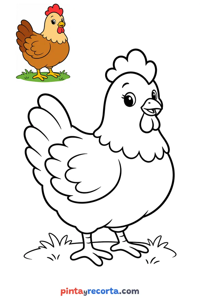 Hen coloring page with a small color guide, easy level