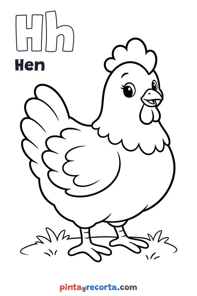 Hen coloring page with the letter Hh and the word Hen, easy level