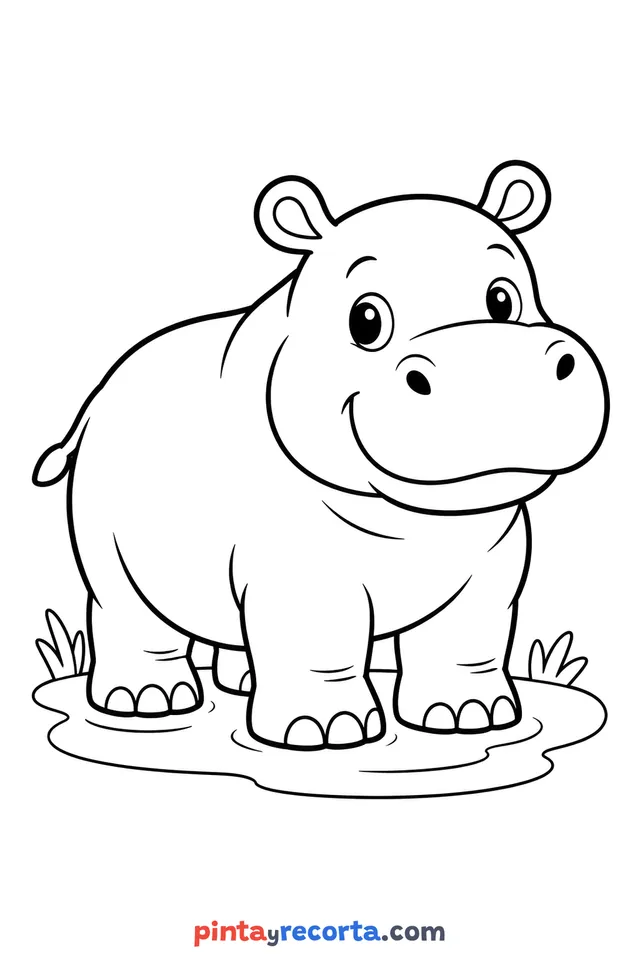 Hippo coloring page: full body in a calm pose, easy level with thick outlines and big spaces