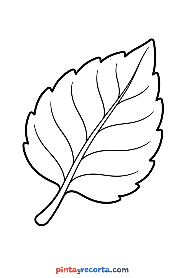 Dibujo de hoja para colorear con sus nervaduras bien marcadas, nivel básico con trazos gruesos y áreas grandes
